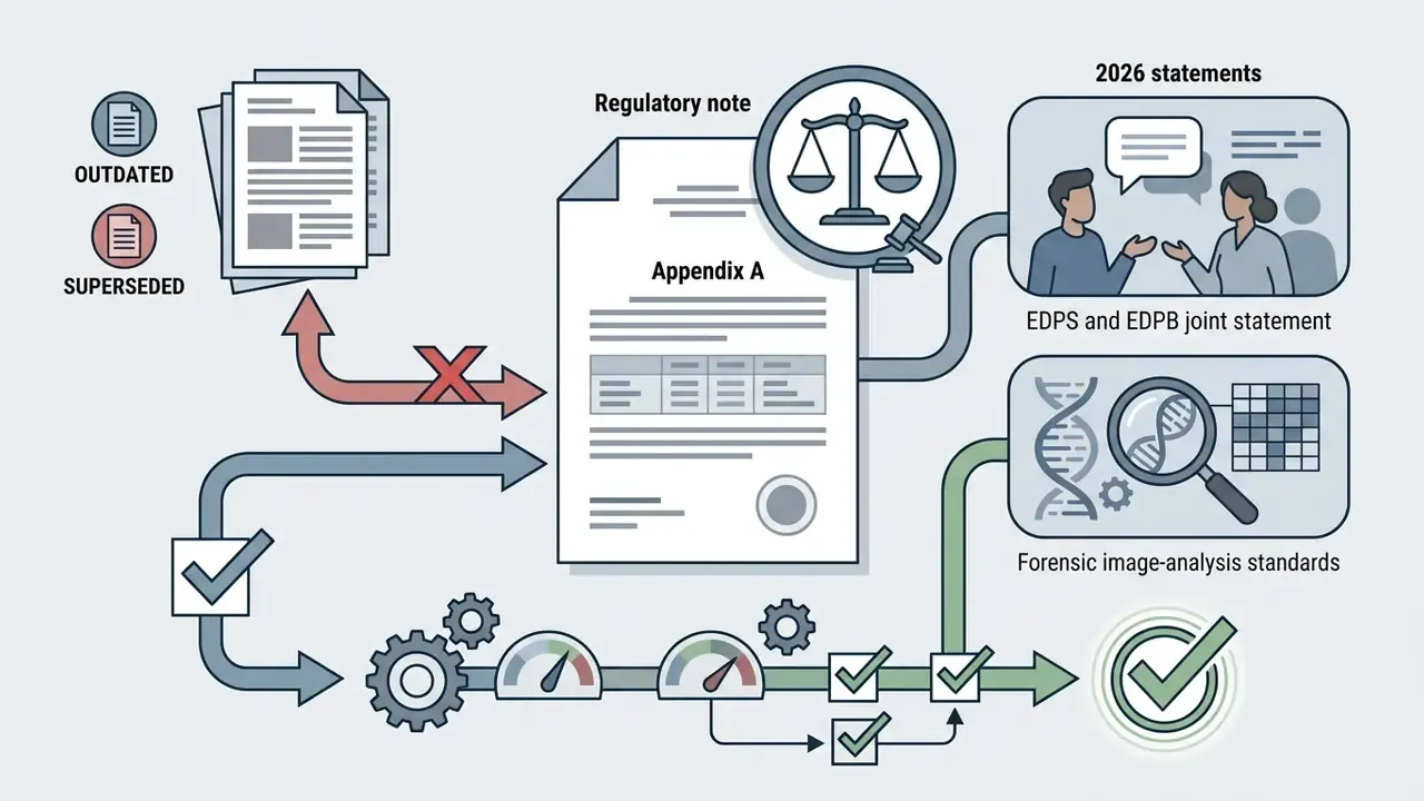 Process flow connecting Appendix A documents to regulatory statements and forensic image analysis standards