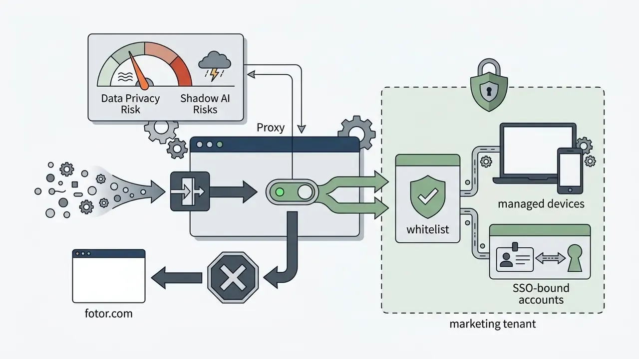 Network security diagram showing traffic filtering through a proxy to managed devices and SSO accounts