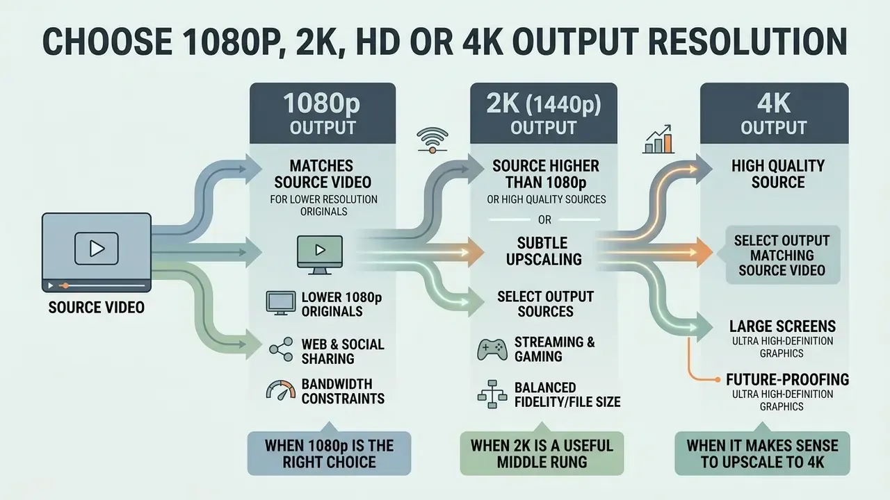 Decision flow chart comparing 1080p, 2K, and 4K output resolutions based on source video and use cases