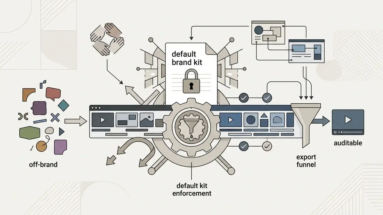 System filtering off-brand assets through a locked brand kit and gear mechanism into an export funnel