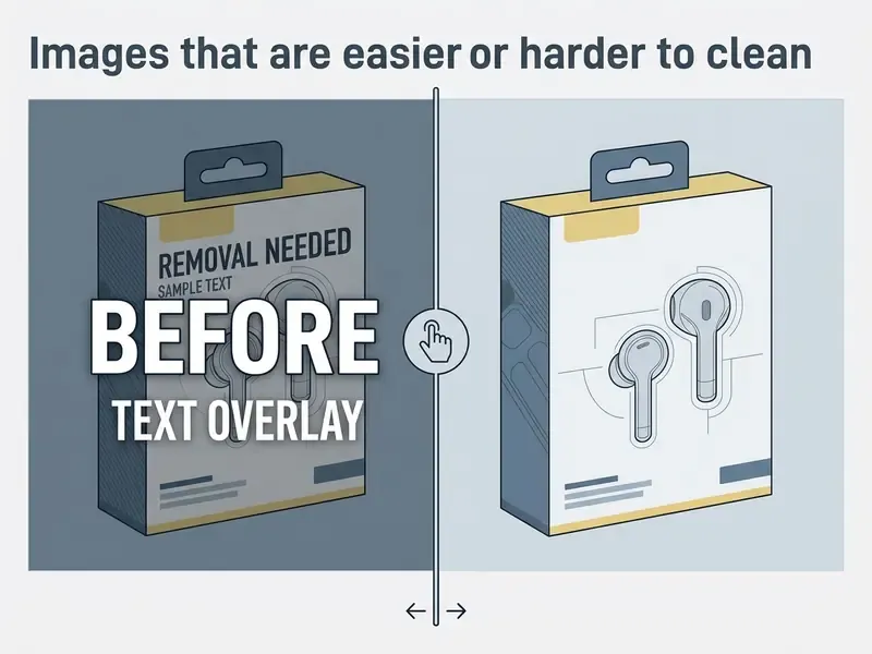 Interactive slider showing product packaging with text before and after AI remove text from image processing