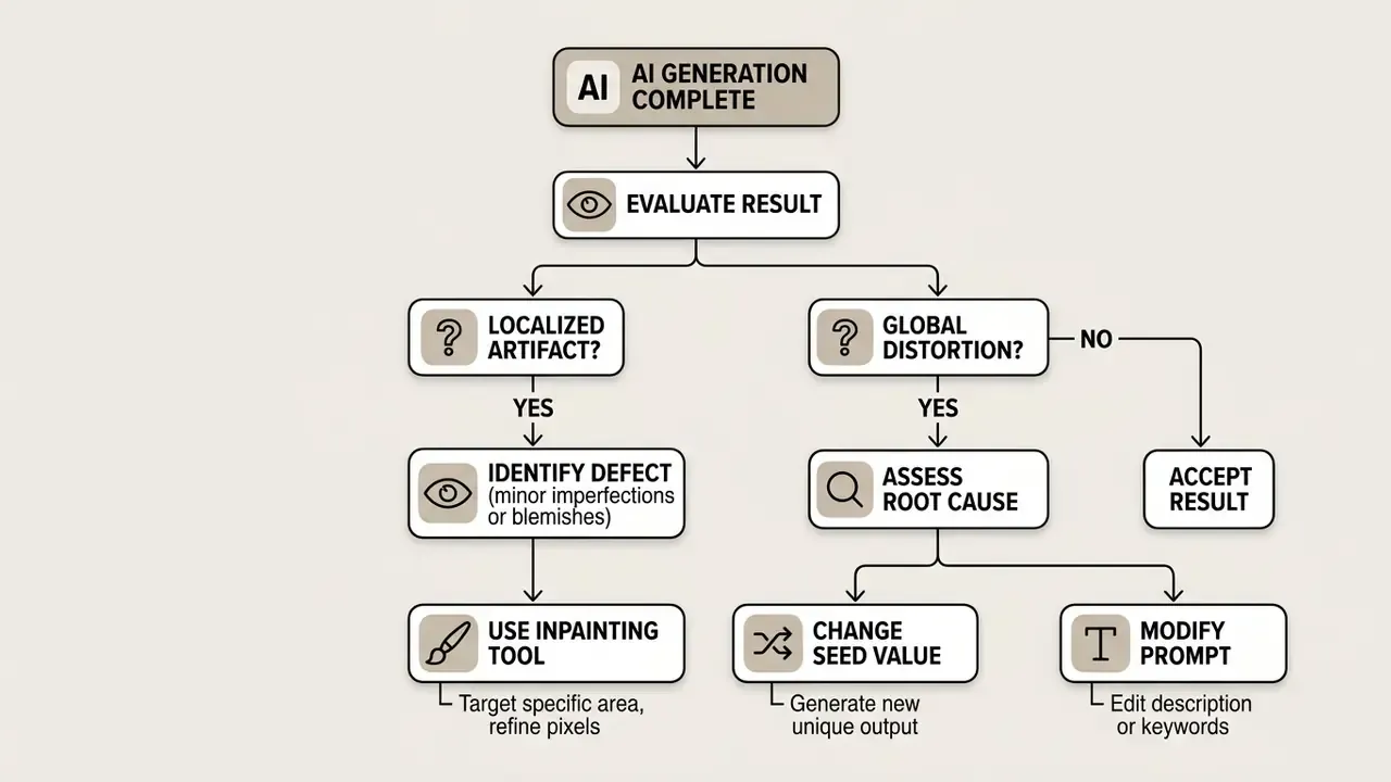 Decision tree for troubleshooting synthetic output errors through inpainting or parameter adjustments