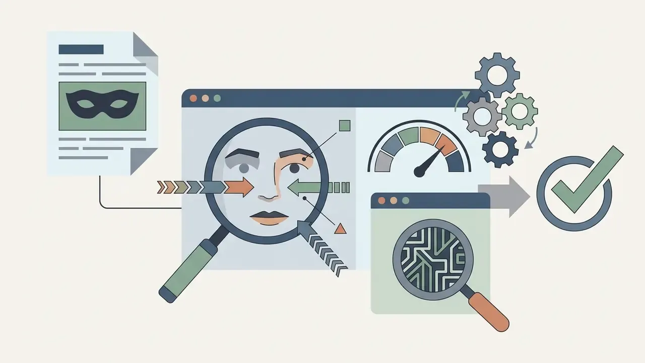 Magnifying glass inspecting a face on a screen with gears and a risk gauge to detect AI generated video