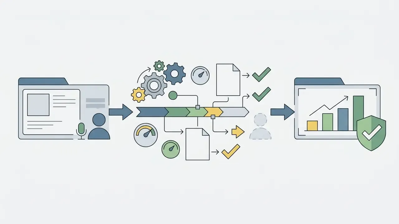 Process flow showing document input through a series of gears and metrics to a final verified data report