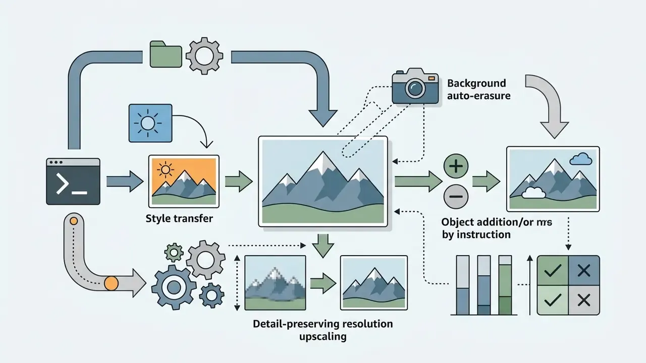 Visual representation of AI image editing tasks like style transfer, background removal, and upscaling