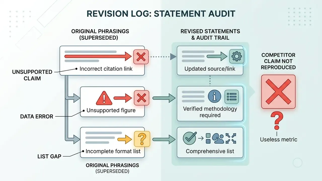 Comparison of original superseded phrases with their corrected versions and audit trail explanations