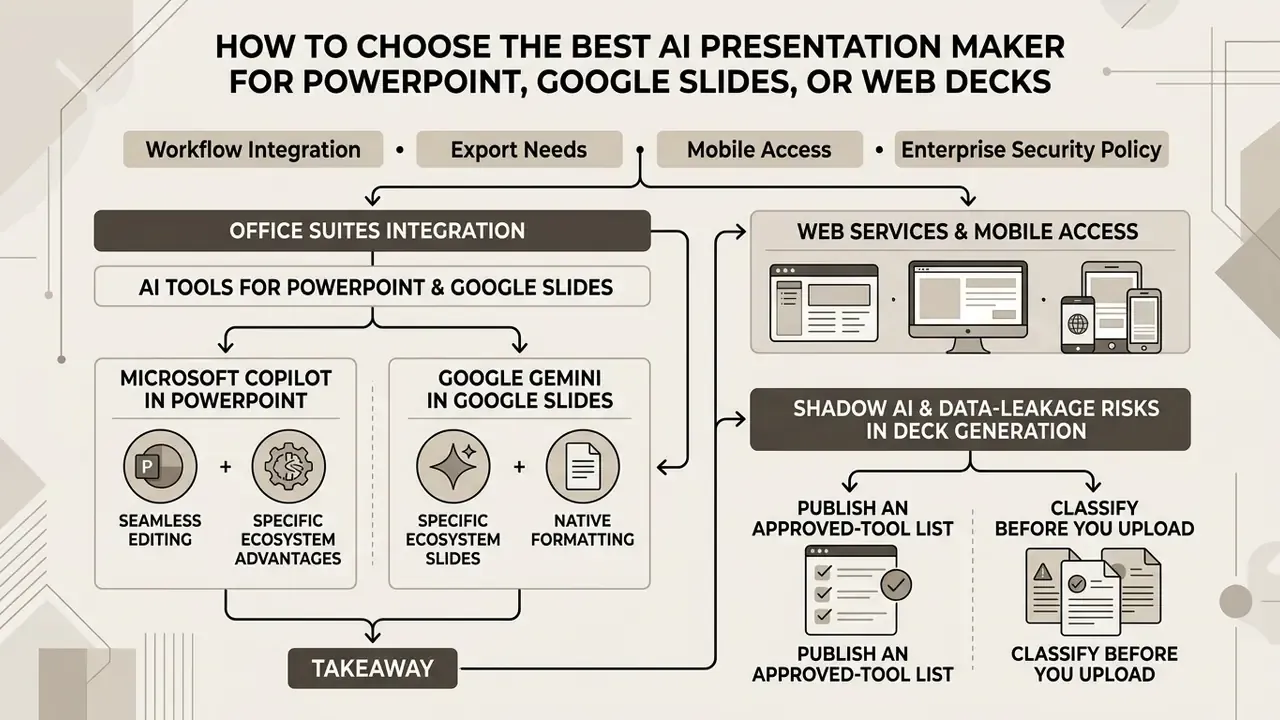 Flowchart comparing office suite integration, web services, and security risks for an AI presentation maker