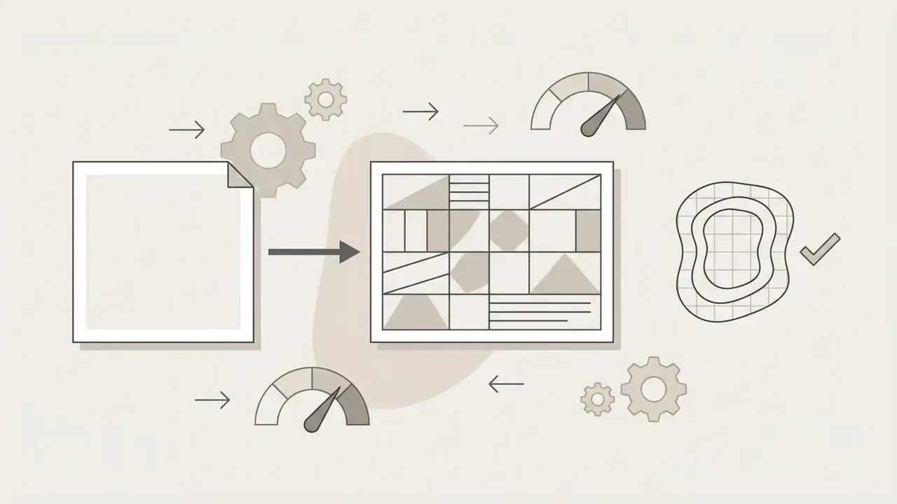 Blank document transforming into a geometric grid pattern with speed gauges and gears