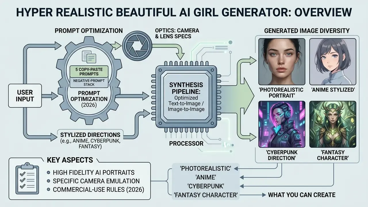 Diagram showing the workflow from user prompts and camera specs to diverse AI generated character portraits