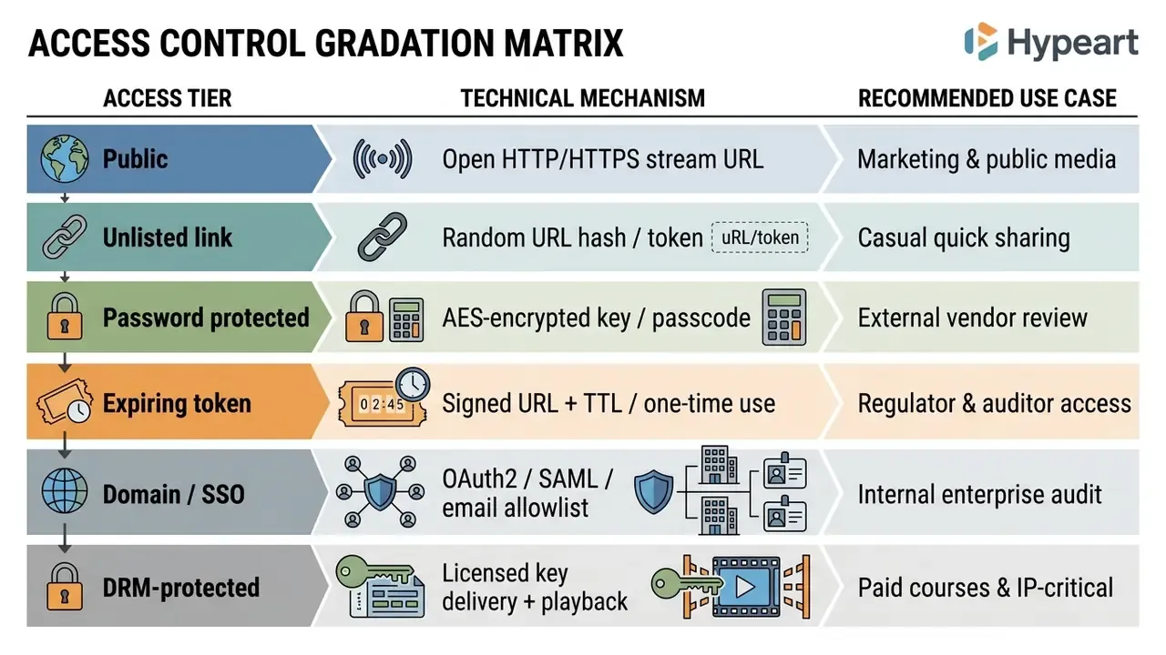 Table comparing video access tiers, technical security mechanisms, and recommended use cases