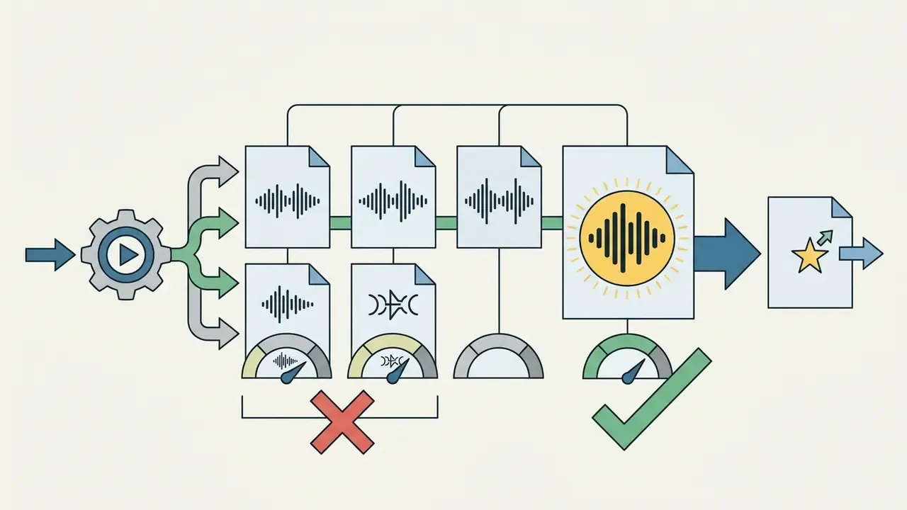 Audio generation process showing multiple waveform files evaluated by performance gauges to select a final track