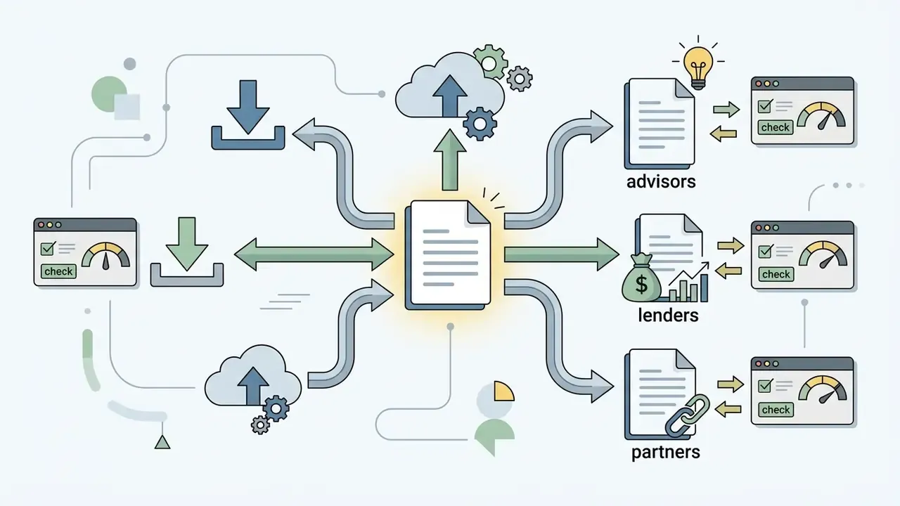 Document icon sharing data with advisors, lenders, and partners through secure links and review portals