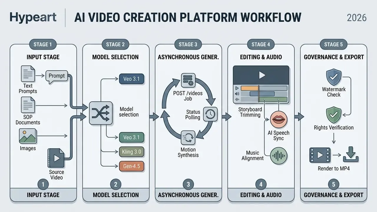 Five-stage diagram detailing the technical workflow for an AI video creation platform