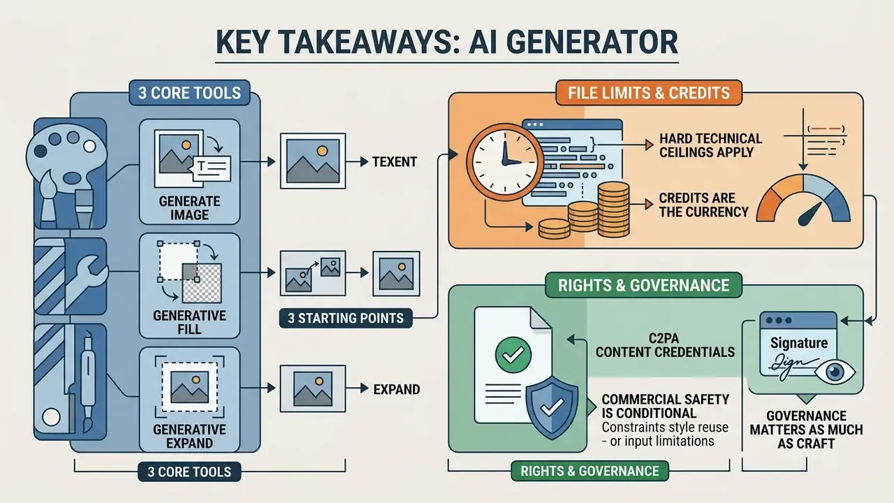 Infographic showing three core AI Photoshop generator tools, credit systems, and governance requirements