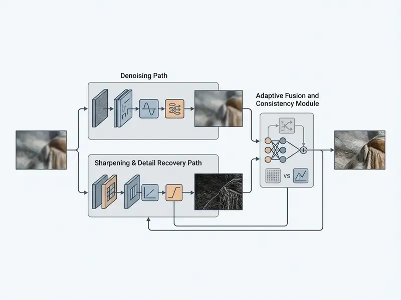 Technical diagram showing parallel paths for image denoising and sharpening that merge into a fusion module