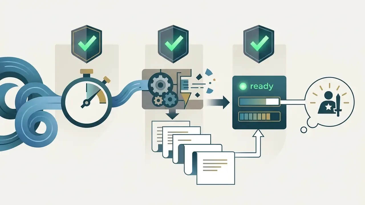 Three stages showing a timer, a gear mechanism, and a ready status indicator for character development