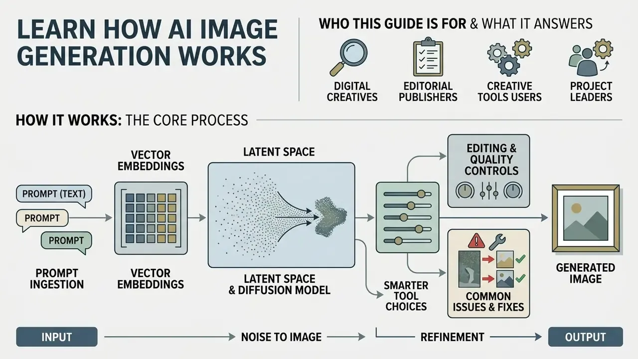 Infographic showing the stages of AI image generation from prompt ingestion through latent space to output