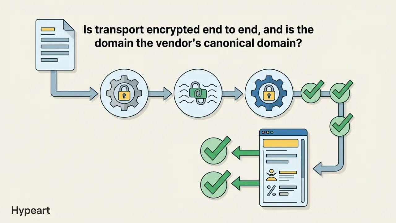 Document icon feeding into gear and chain link mechanisms that lead to a verified web interface