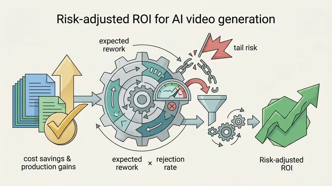 Documents and gears processing production gains through a risk funnel into a final financial return gauge