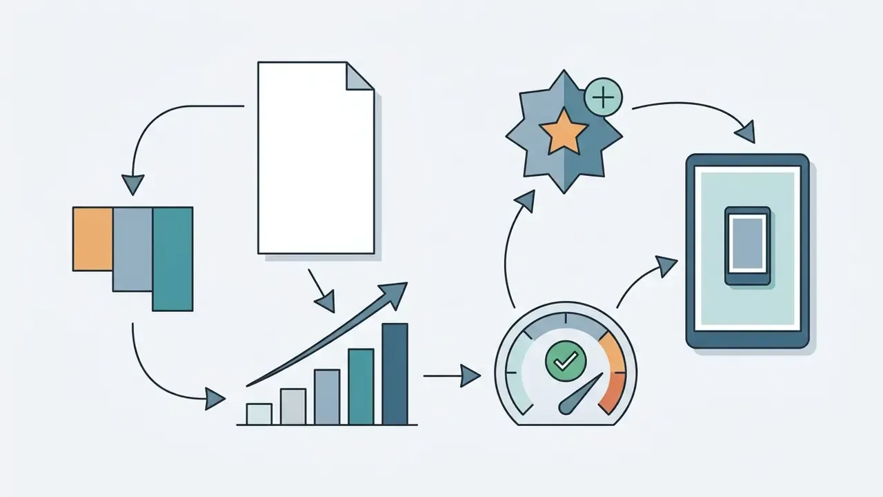 Document and bar chart data flowing into a speed gauge and star icon to output on a mobile device