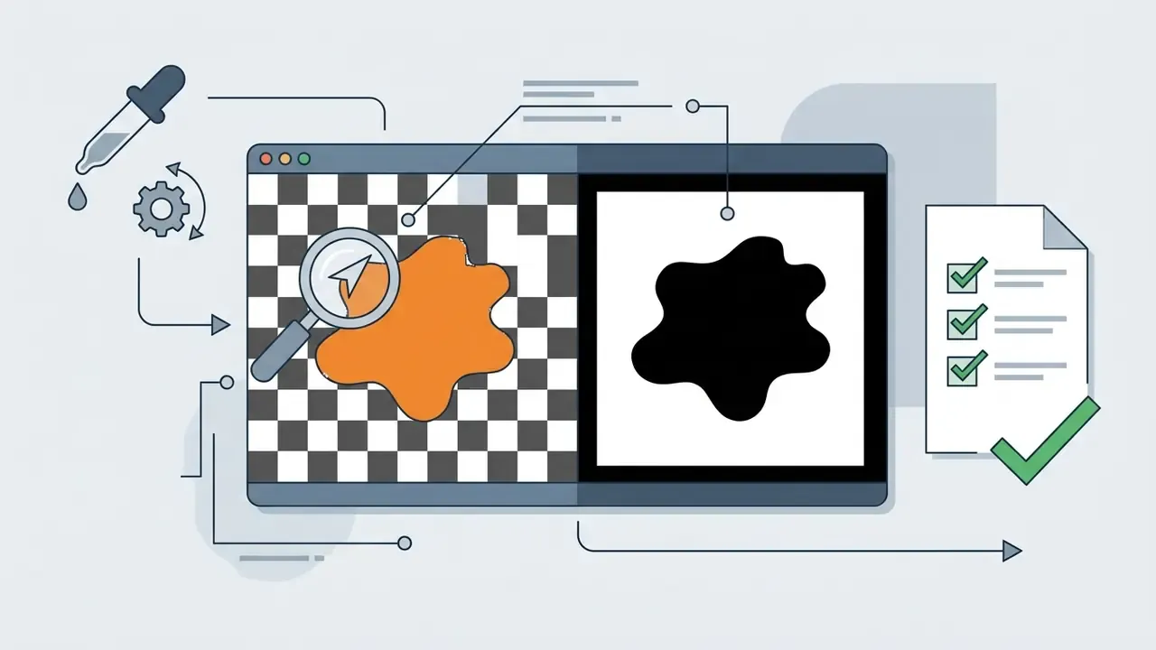 Software window showing an orange shape on a checkerboard next to a black and white mask preview