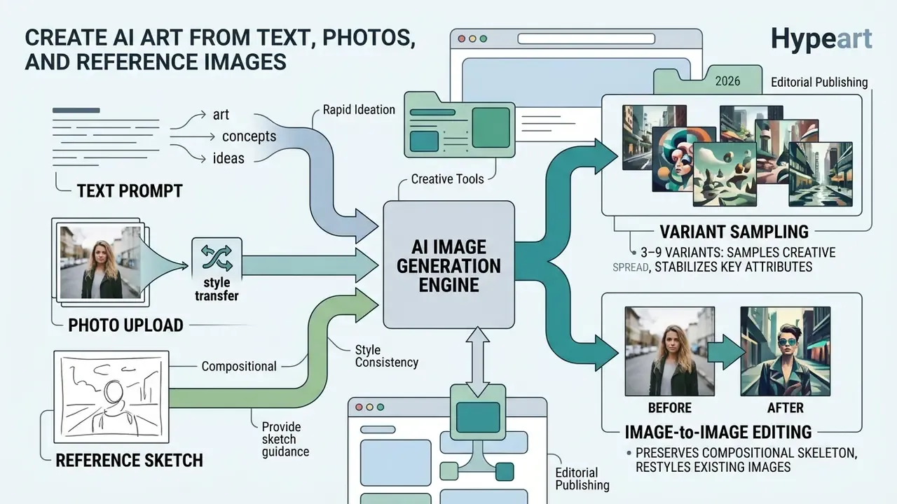 Diagram showing text, photo, and sketch inputs feeding into an AI image generator free no sign up engine