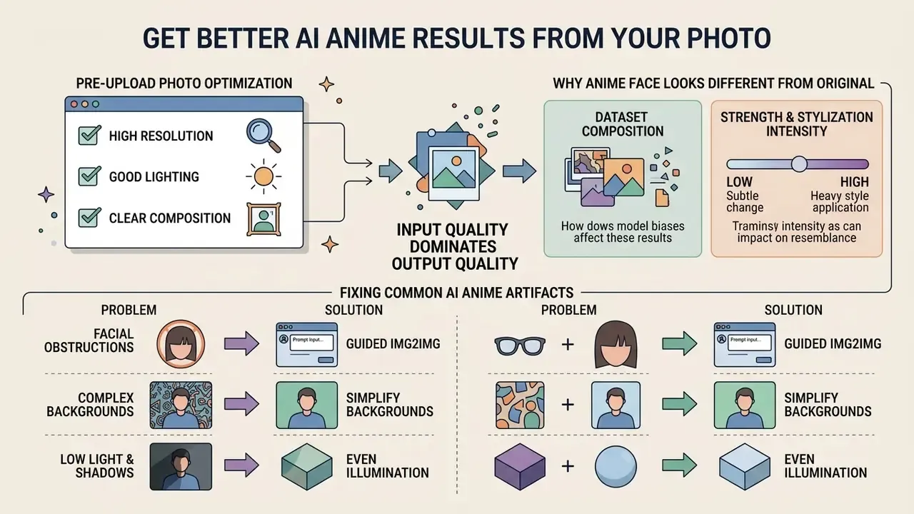 Diagram showing how to optimize photos for an AI photo to anime converter by fixing common visual artifacts