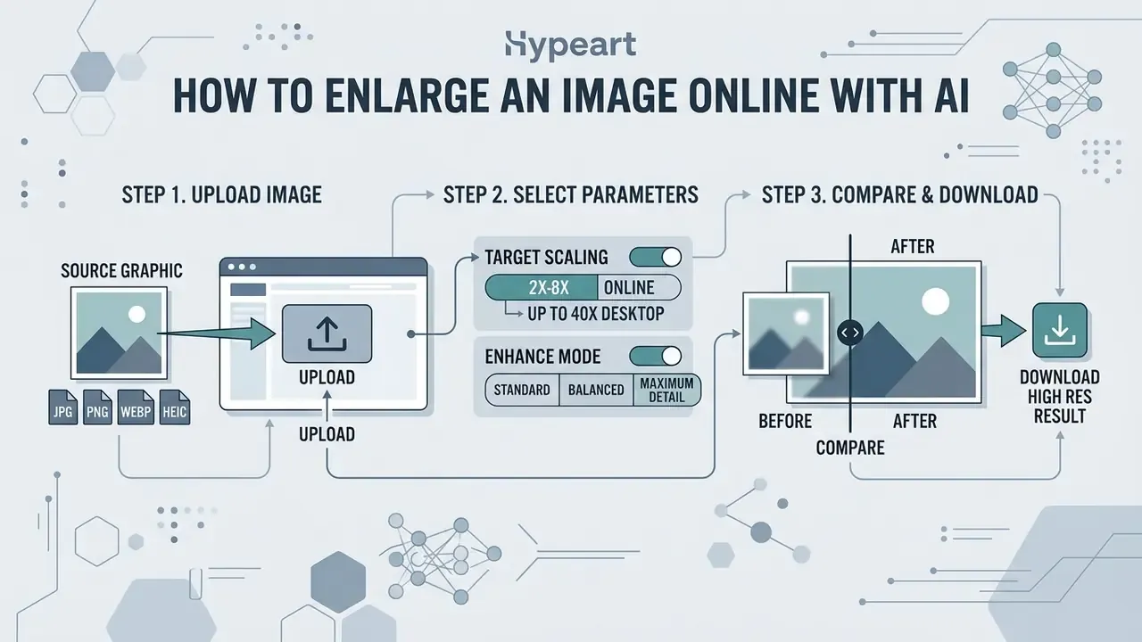 Three step process showing file upload, parameter selection, and comparison before downloading results