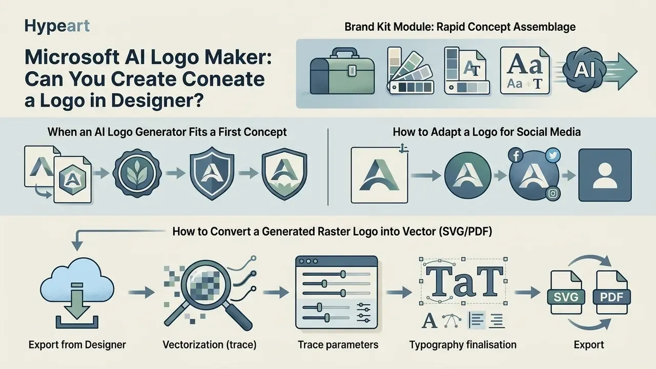 Visual guide showing logo creation, social media adaptation, and vector conversion steps for branding