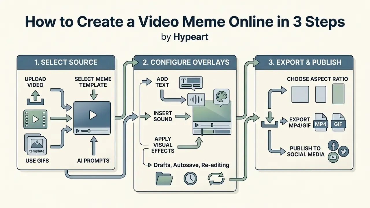 Three step workflow diagram showing media selection, overlay configuration, and final export for social media