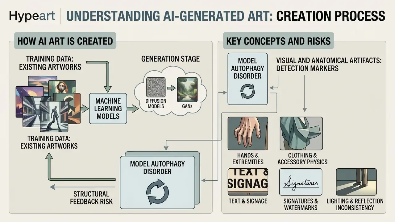 Flowchart detailing the AI art generation process, training data inputs, and common visual artifacts