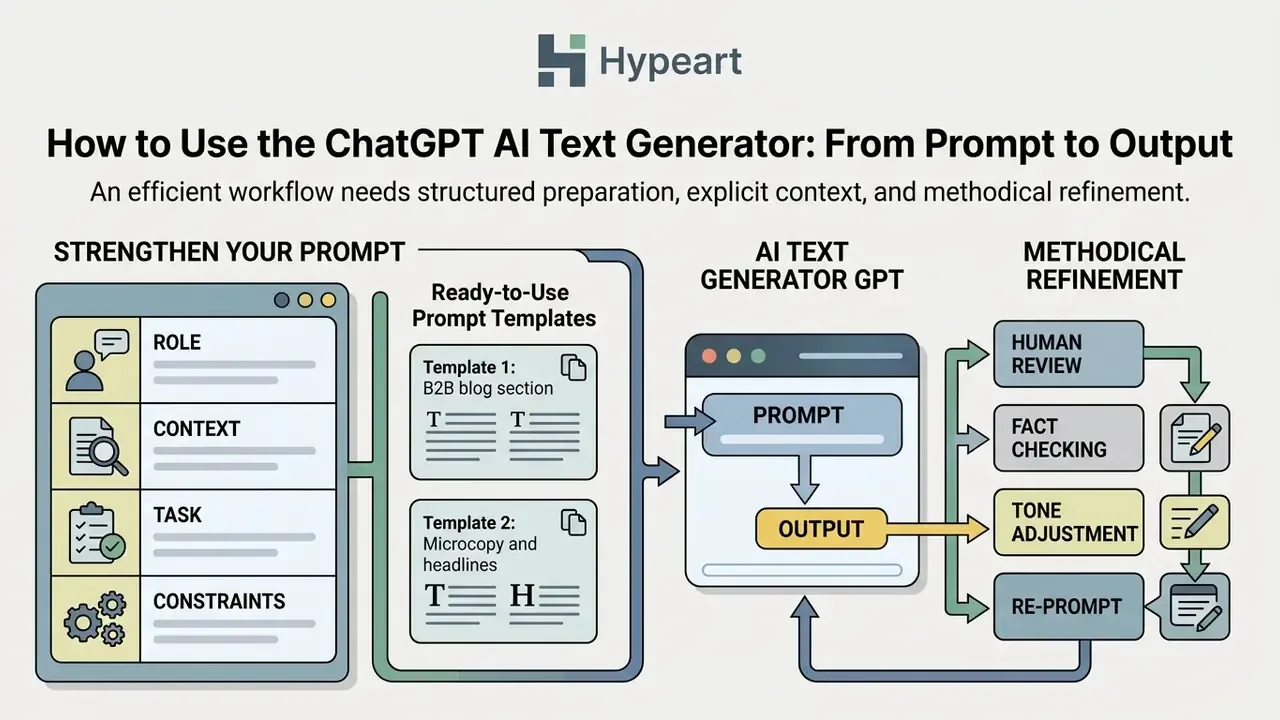 Infographic detailing a three-step workflow for prompt preparation, AI text generation, and output refinement