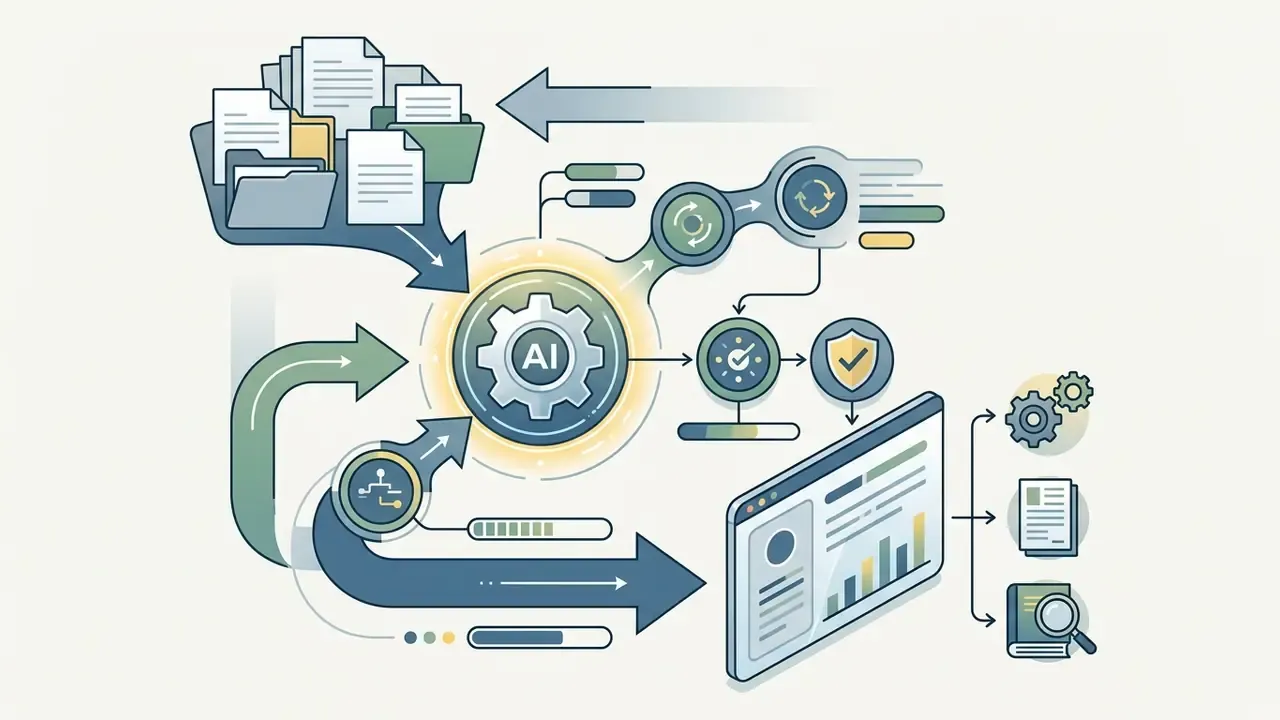 Folders of documents feeding into an AI gear system that outputs data to a dashboard and search tools