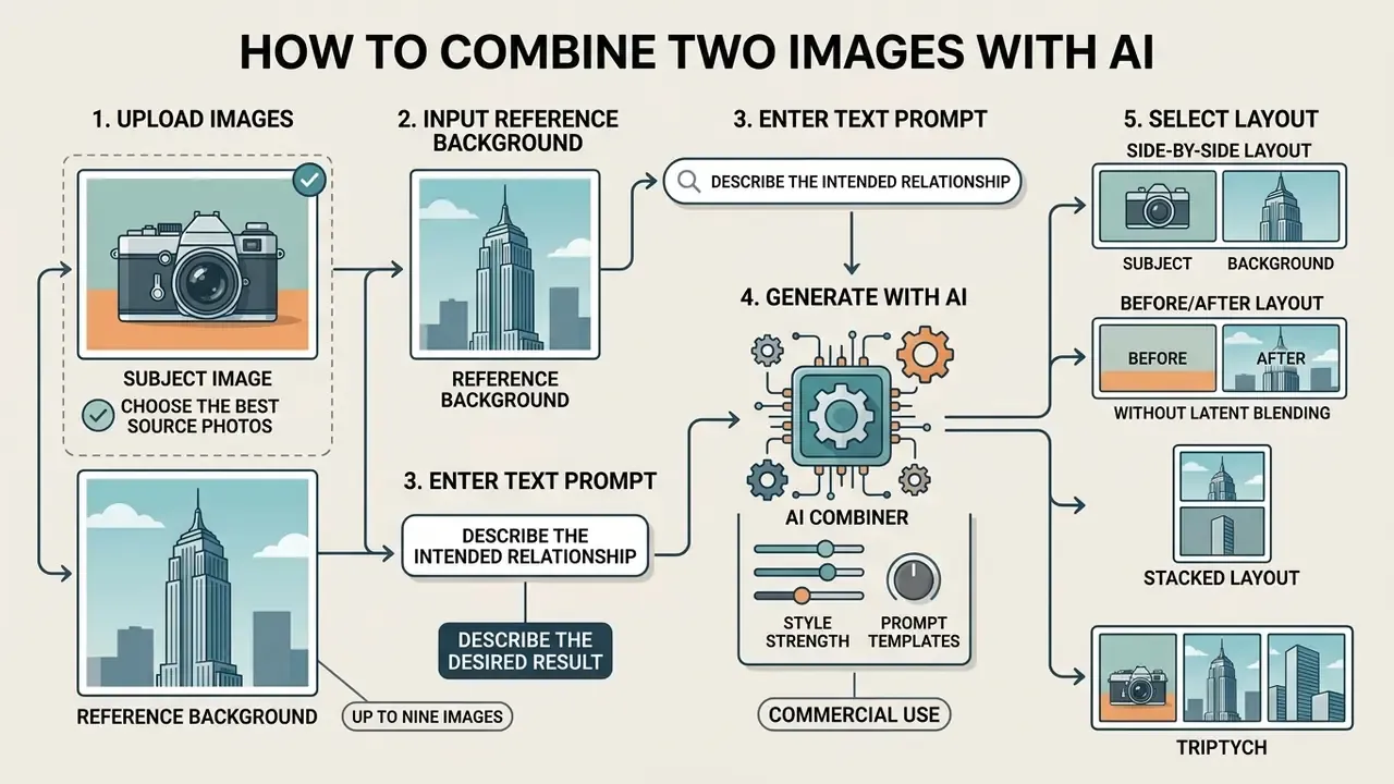 Step-by-step workflow diagram showing image uploads, text prompts, and various layout output options