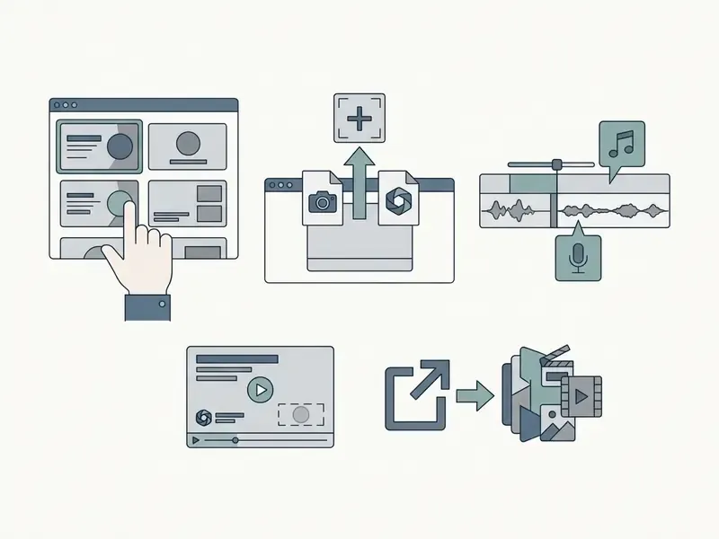 Sequence of five icons illustrating the process of selecting templates, uploading assets, and exporting video