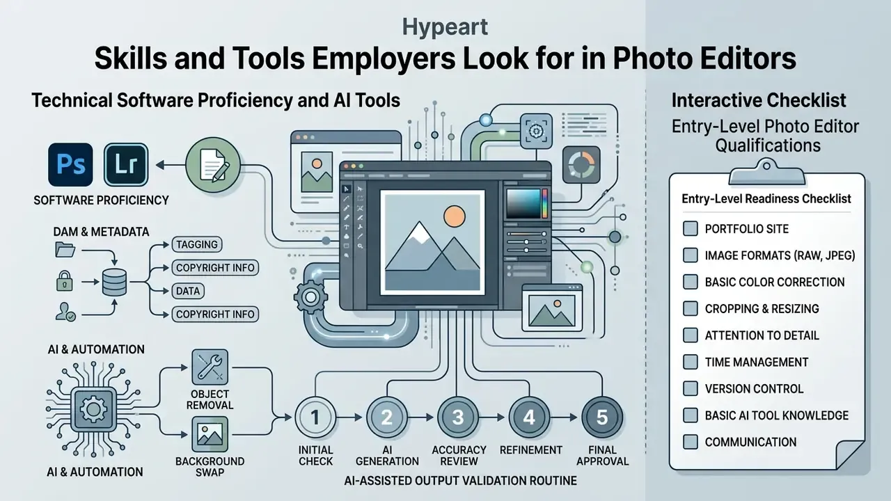 Infographic showing software proficiency, AI tools, and an entry-level checklist for photo editor jobs