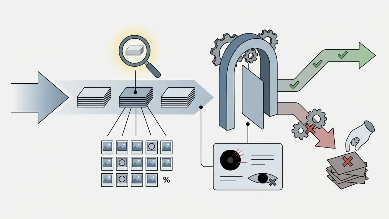 Sampling process showing a magnifying glass inspecting image batches and a hand rejecting faulty files