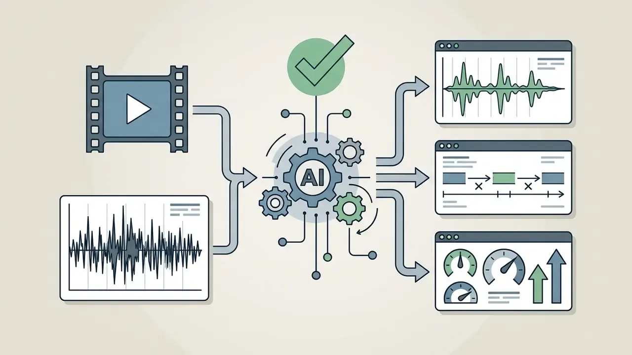 Video and audio files feeding into an AI gear system to output processed waveforms and performance data