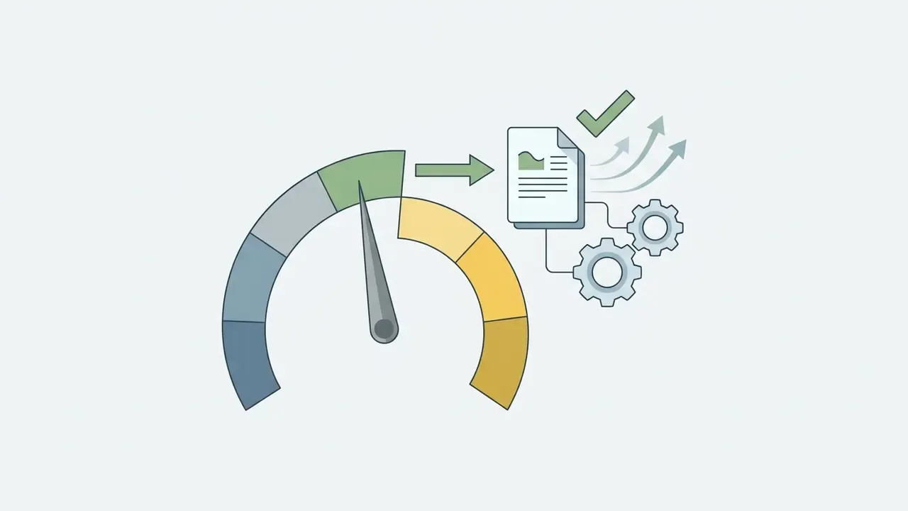 Gauge pointing to a green zone connected to a document icon with gears and upward arrows