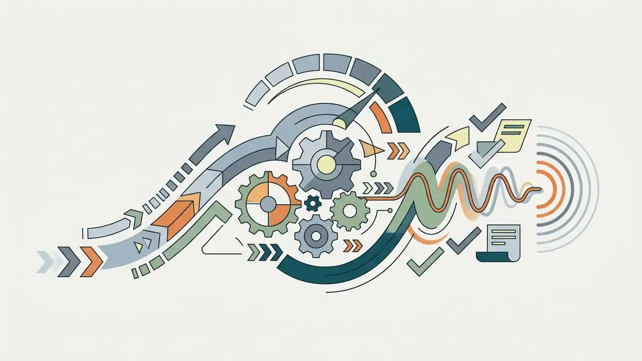 Arrows and data streams passing through gears and a tempo gauge to produce audio waves and finished files