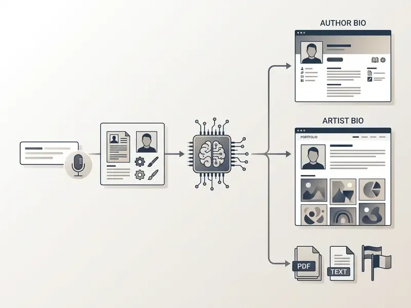 Personal details and voice input processed by a central brain chip into author and artist profile pages