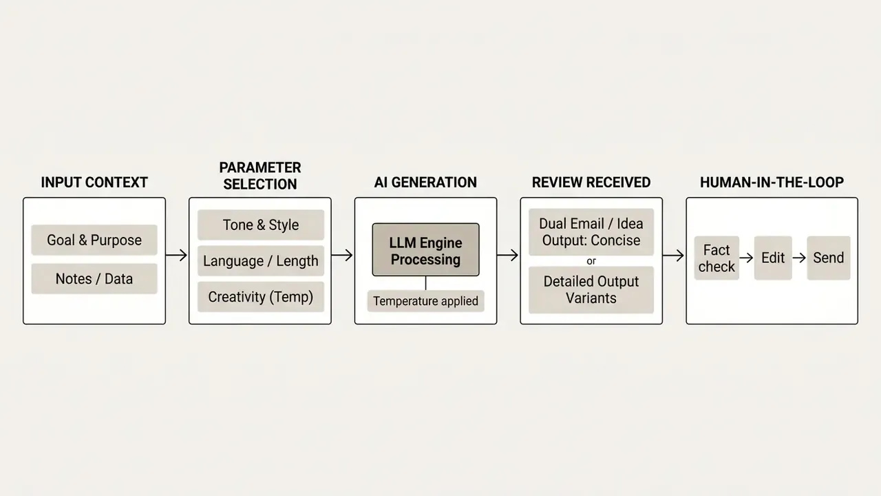 Sequential process flow from input context and parameter selection to AI generation and human review