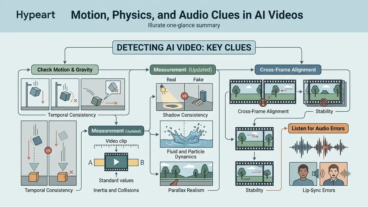 Diagram showing visual indicators for detecting AI generated video like physics, motion, and audio errors