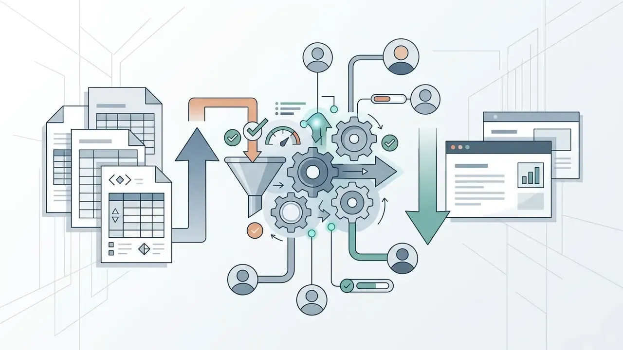 Data files feeding into a central gear processing hub connected to multiple users and output windows