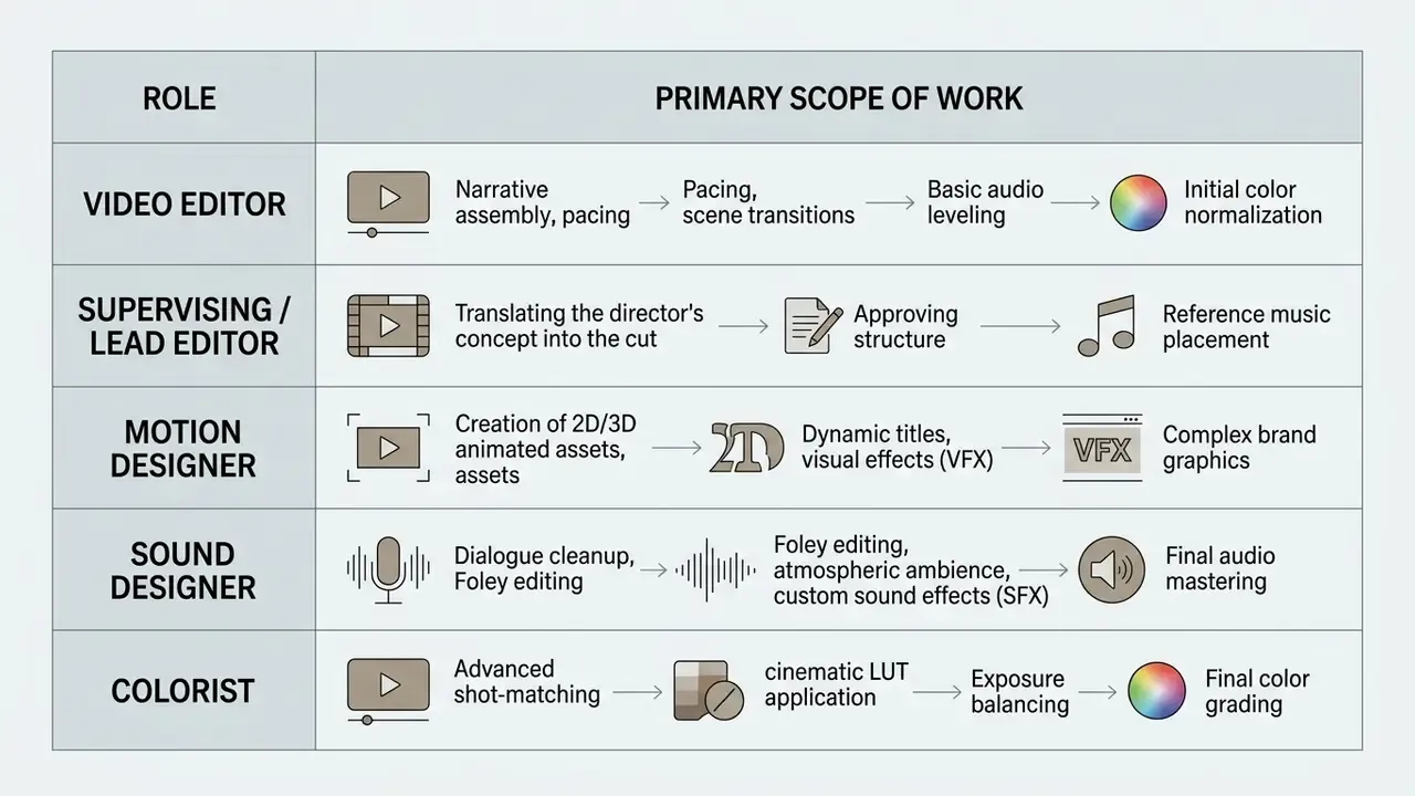Table outlining the primary scope of work for video production roles including editors and designers
