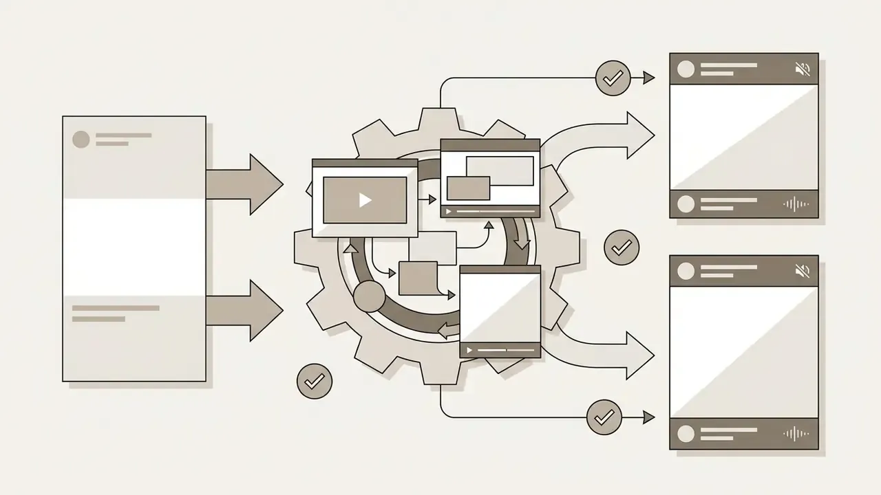 Diagram showing video assets being processed through a central gear mechanism into square and portrait formats