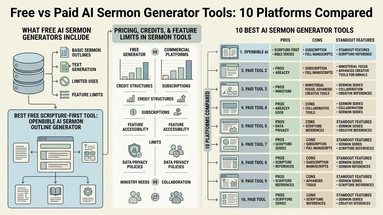 Comparison table evaluating features, pricing models, and pros and cons of ten different ministry platforms