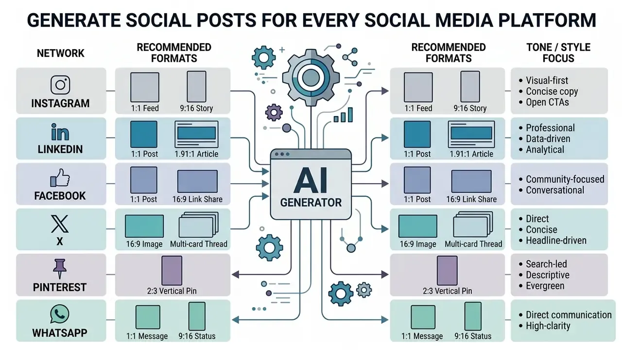 Central AI engine connecting social media platform requirements with specific aspect ratios and tone styles