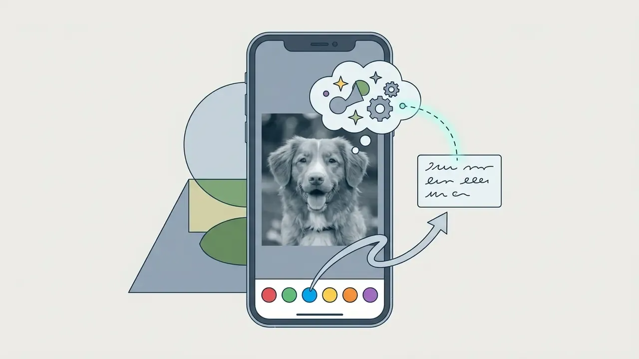 Color palette on a phone screen with an arrow connecting a selected blue swatch to a text box