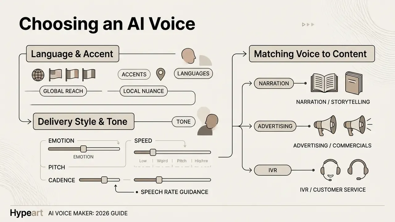 Infographic mapping language, delivery style, and content format considerations for an AI voice maker